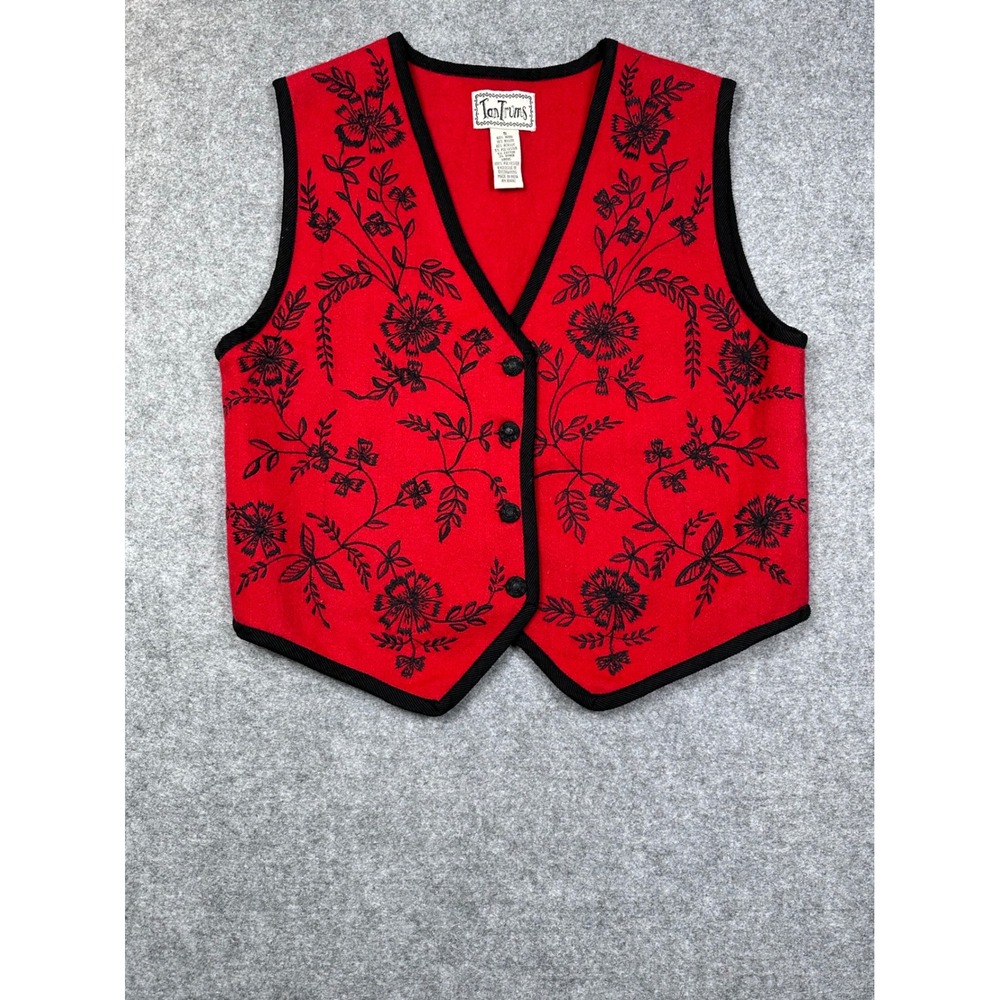 TanTrums Red Wool Blend Floral Embroidered Button Front Vest Womens Small - Picture 2 of 8